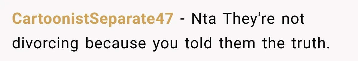 CartoonistSeparate47 − Nta They're not divorcing because you told them the truth.