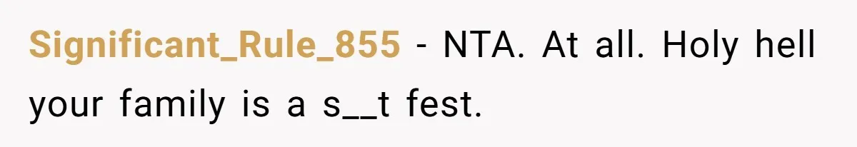 Significant_Rule_855 − NTA. At all. Holy hell your family is a s__t fest.