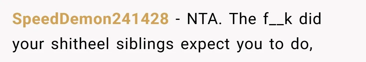 SpeedDemon241428 − NTA. The f__k did your shitheel siblings expect you to do,