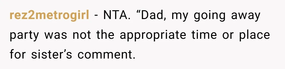 rez2metrogirl − NTA. “Dad, my going away party was not the appropriate time or place for sister’s comment.