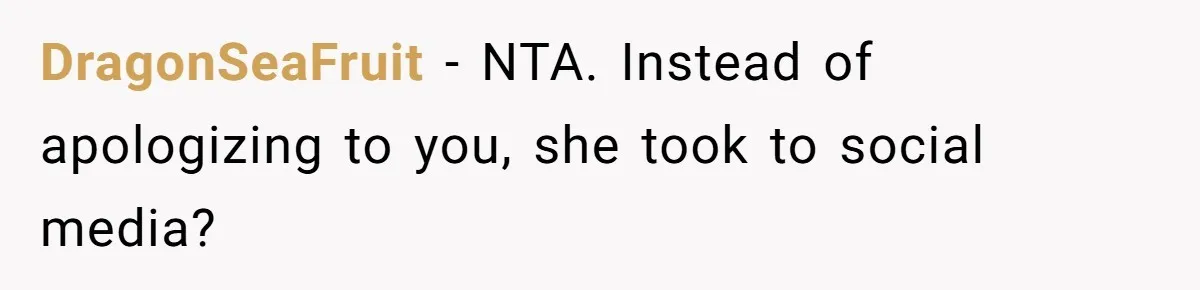 DragonSeaFruit − NTA. Instead of apologizing to you, she took to social media?