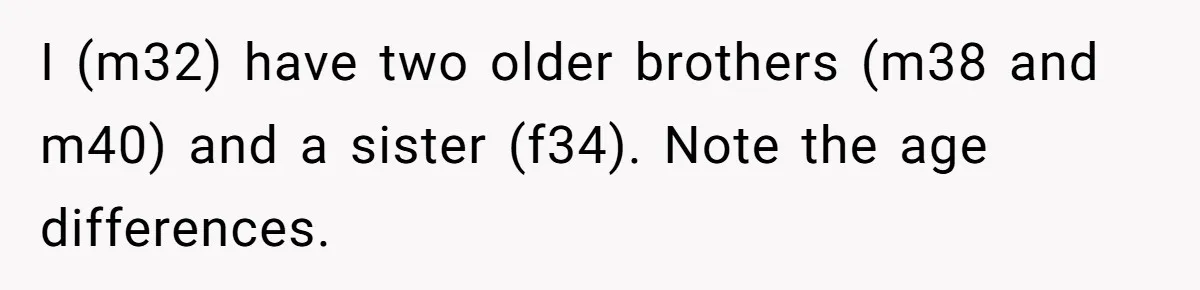 Man Can’t Believe Family Blames Him After Sister Escapes Abuse I (m32) have two older brothers (m38 and m40) and a sister (f34). Note the age differences.