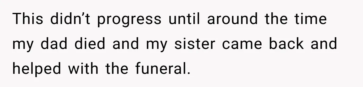Man Can’t Believe Family Blames Him After Sister Escapes Abuse This didn’t progress until around the time my dad died and my sister came back and helped with the funeral.