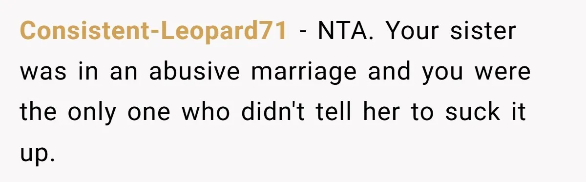 Man Can’t Believe Family Blames Him After Sister Escapes Abuse Consistent-Leopard71 − NTA. Your sister was in an abusive marriage and you were the only one who didn't tell her to suck it up.