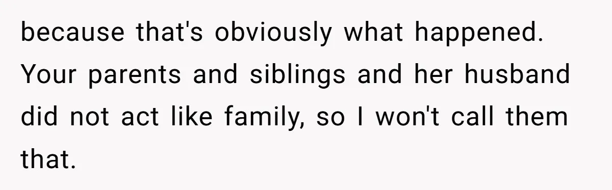 Man Can’t Believe Family Blames Him After Sister Escapes Abuse because that's obviously what happened. Your parents and siblings and her husband did not act like family, so I won't call them that.