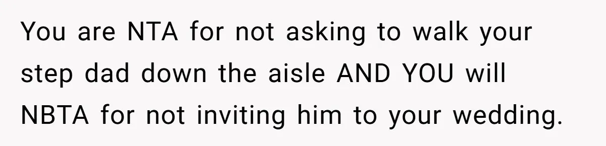 You are NTA for not asking to walk your step dad down the aisle AND YOU will NBTA for not inviting him to your wedding.
