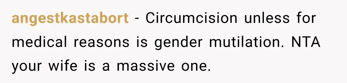Dad Stands His Ground and Protects His Son’s Body Autonomy During a Tough Discussion angestkastabort − Circumcision unless for medical reasons is gender mutilation. NTA your wife is a massive one.
