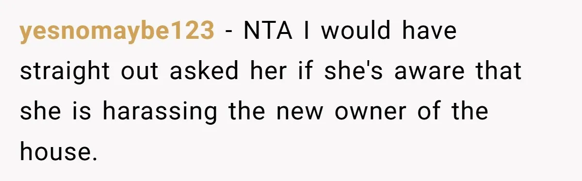 yesnomaybe123 − NTA I would have straight out asked her if she's aware that she is harassing the new owner of the house.