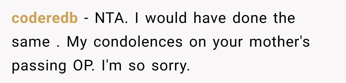coderedb − NTA. I would have done the same . My condolences on your mother's passing OP. I'm so sorry.