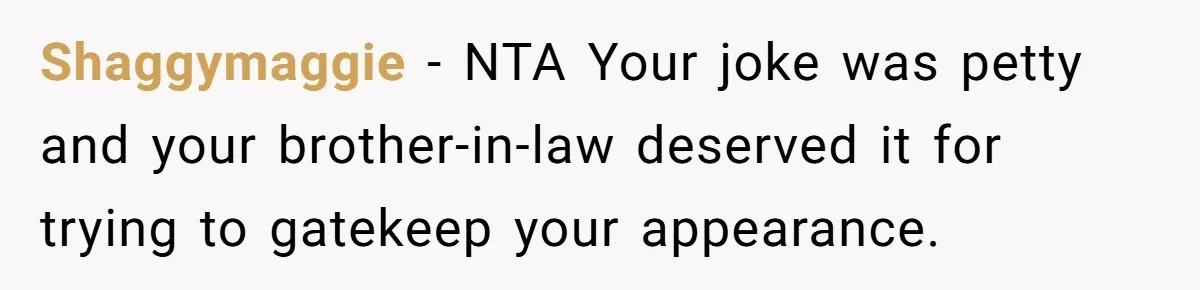Shaggymaggie − NTA Your joke was petty and your brother-in-law deserved it for trying to gatekeep your appearance.