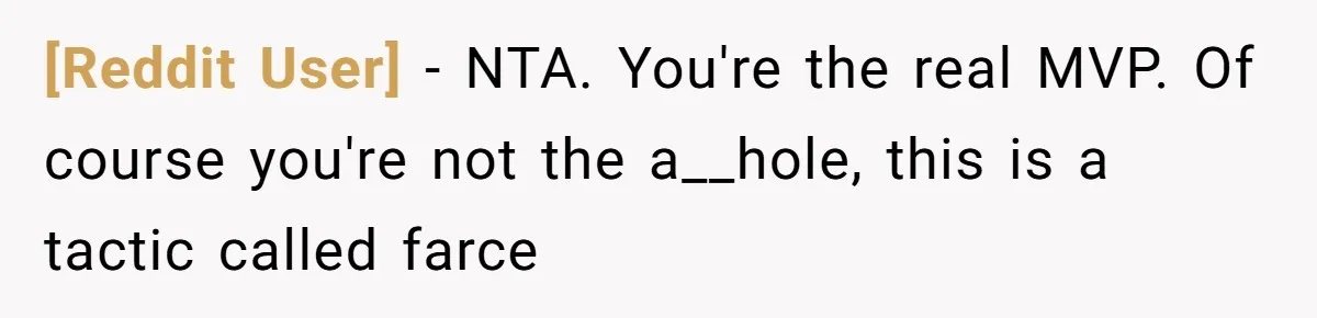 [Reddit User] − NTA. You're the real MVP. Of course you're not the a__hole, this is a tactic called farce