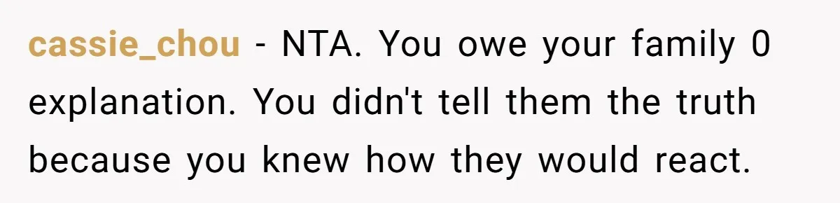 Woman Lies About Pregnancy To Protect Her Trans Husband From Transphobic Family cassie_chou − NTA. You owe your family 0 explanation. You didn't tell them the truth because you knew how they would react.
