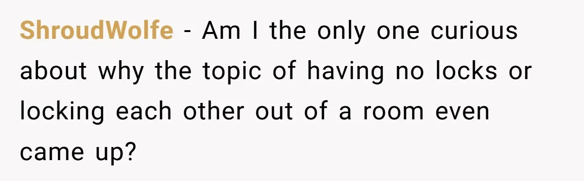 ShroudWolfe − Am I the only one curious about why the topic of having no locks or locking each other out of a room even came up?