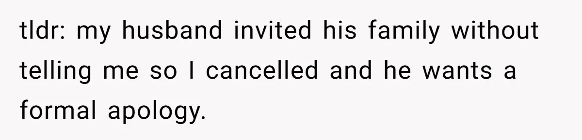 Pregnant Woman Cancels Husband’s Secret 5-Day Christmas Plans After He Invites 26 Relatives Without Telling Her tldr: my husband invited his family without telling me so I cancelled and he wants a formal apology.