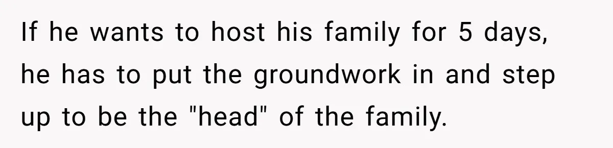 Pregnant Woman Cancels Husband’s Secret 5-Day Christmas Plans After He Invites 26 Relatives Without Telling Her If he wants to host his family for 5 days, he has to put the groundwork in and step up to be the "head" of the family.