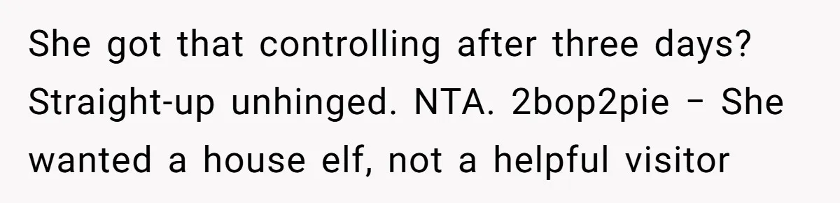 She got that controlling after three days? Straight-up unhinged. NTA. 2bop2pie − She wanted a house elf, not a helpful visitor