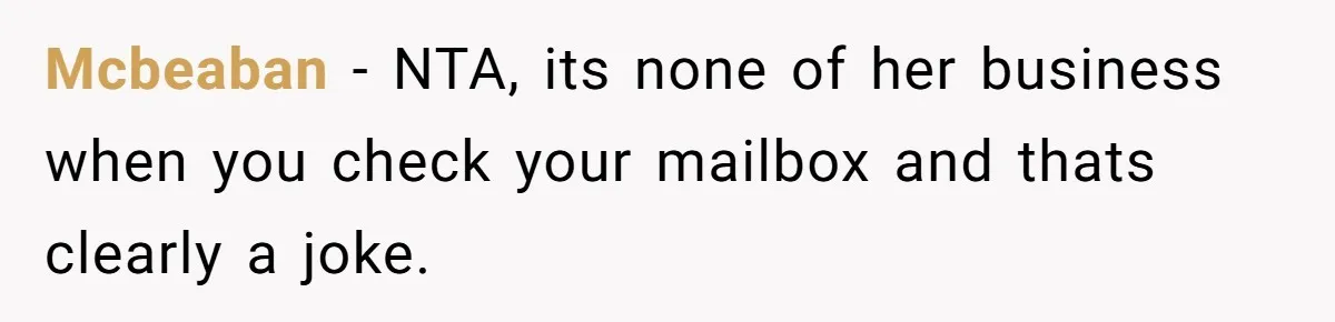 Man Jokes He Was Kidnapped After New Neighbor Tells Him Not To Check His Mail, Ends Up With Police At His Door Mcbeaban − NTA, its none of her business when you check your mailbox and thats clearly a joke.