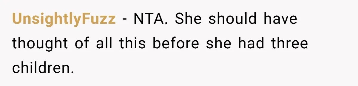UnsightlyFuzz − NTA. She should have thought of all this before she had three children.
