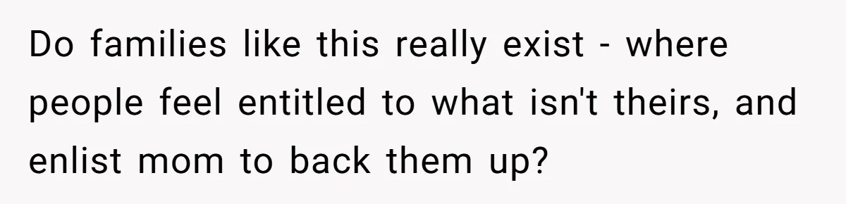 Do families like this really exist - where people feel entitled to what isn't theirs, and enlist mom to back them up?
