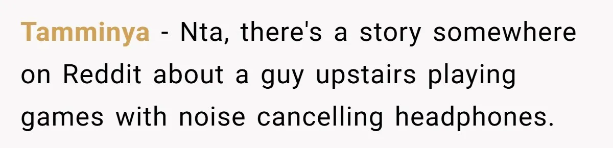 Tamminya − Nta, there's a story somewhere on Reddit about a guy upstairs playing games with noise cancelling headphones.