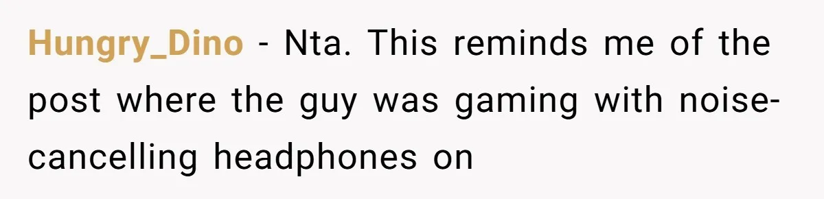 Hungry_Dino − Nta. This reminds me of the post where the guy was gaming with noise-cancelling headphones on