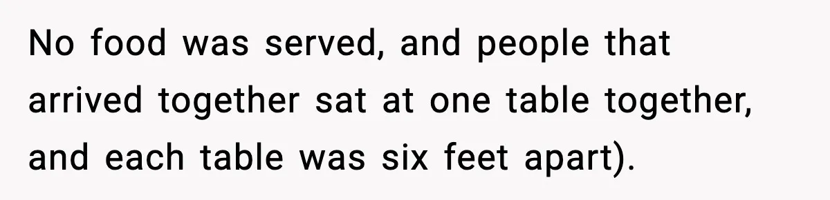 No food was served, and people that arrived together sat at one table together, and each table was six feet apart).