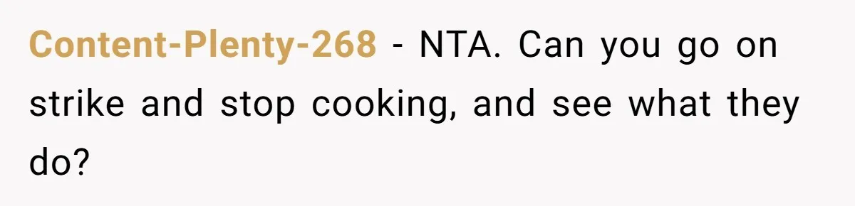 Content-Plenty-268 − NTA. Can you go on strike and stop cooking, and see what they do?