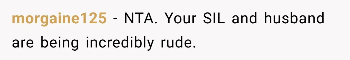 morgaine125 − NTA. Your SIL and husband are being incredibly rude.