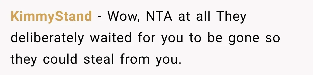 KimmyStand − Wow, NTA at all They deliberately waited for you to be gone so they could steal from you.