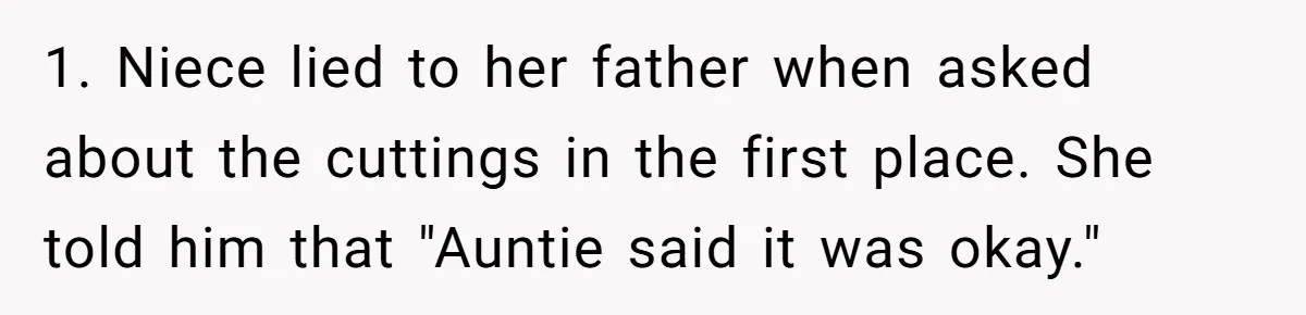 1. Niece lied to her father when asked about the cuttings in the first place. She told him that "Auntie said it was okay."
