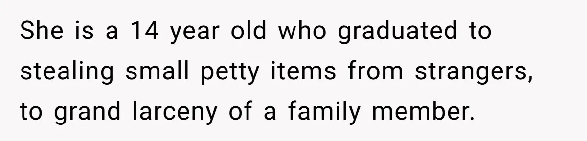 She is a 14 year old who graduated to stealing small petty items from strangers, to grand larceny of a family member.