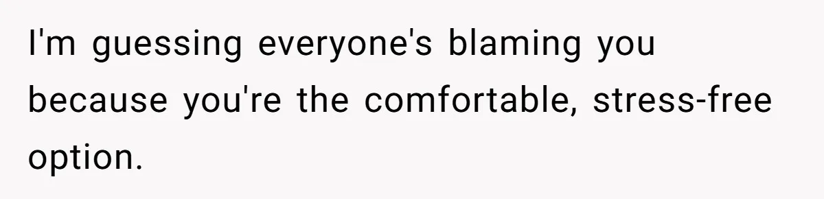 I'm guessing everyone's blaming you because you're the comfortable, stress-free option.