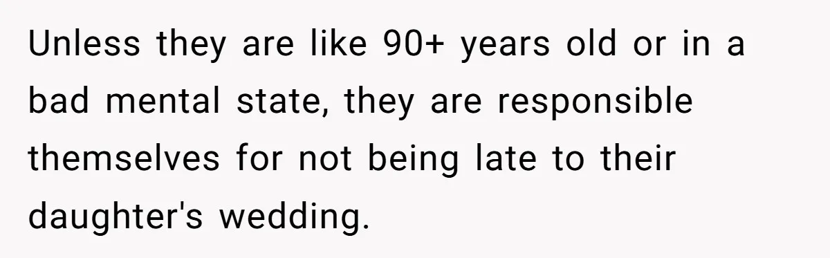 Unless they are like 90+ years old or in a bad mental state, they are responsible themselves for not being late to their daughter's wedding.