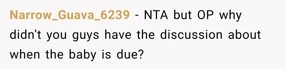 Narrow_Guava_6239 − NTA but OP why didn’t you guys have the discussion about when the baby is due?