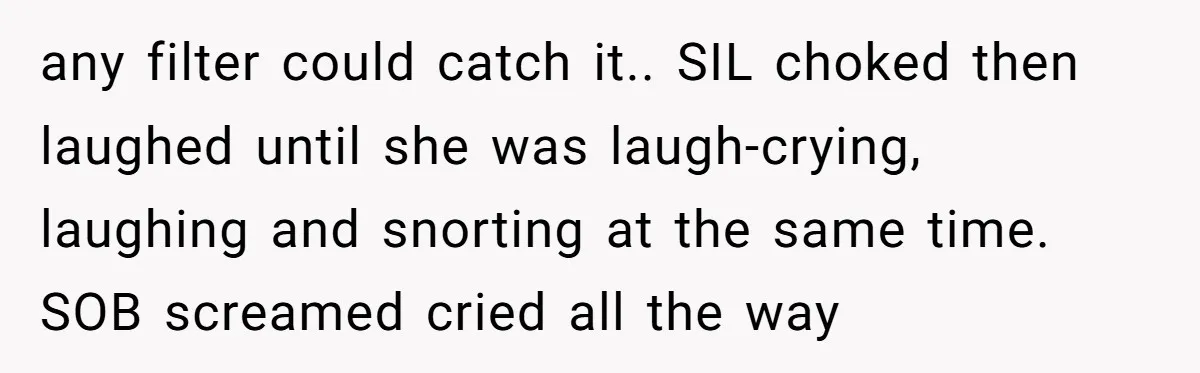 any filter could catch it.. SIL choked then laughed until she was laugh-crying, laughing and snorting at the same time. SOB screamed cried all the way