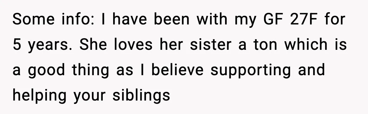 Man Discovers His Girlfriend Gave $50K to Her Sister Behind His Back Some info: I have been with my GF 27F for 5 years. She loves her sister a ton which is a good thing as I believe supporting and helping your...