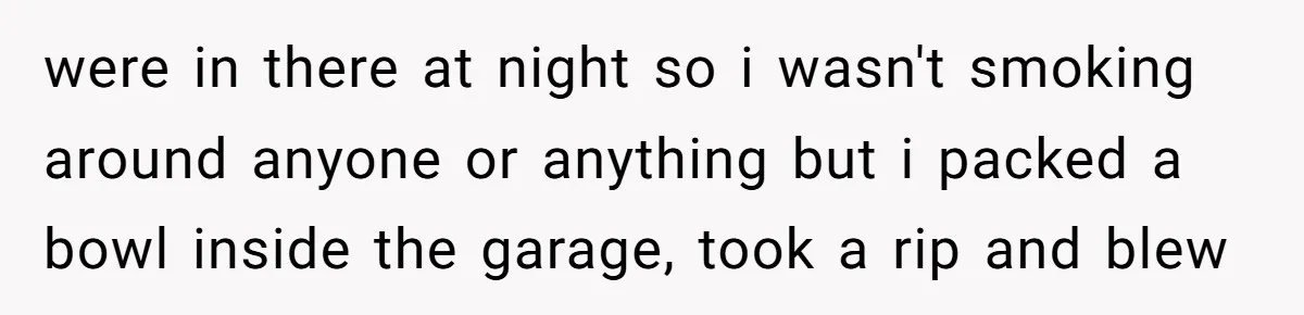 were in there at night so i wasn't smoking around anyone or anything but i packed a bowl inside the garage, took a rip and blew