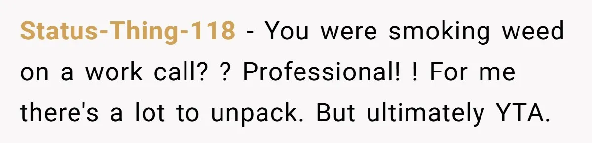 Status-Thing-118 − You were smoking weed on a work call? ? Professional! ! For me there's a lot to unpack. But ultimately YTA.