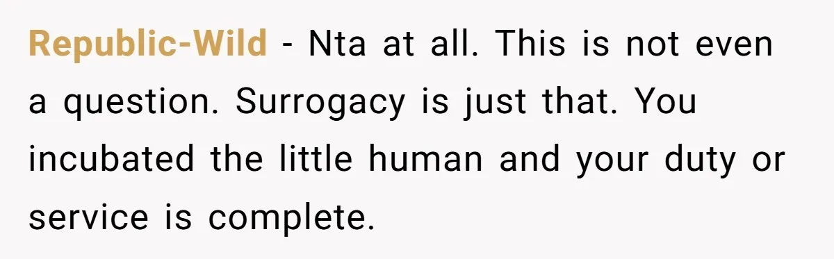 Friend Asks Surrogate to "Co-Parent" Following a Messy Divorce and Move Republic-Wild − Nta at all. This is not even a question. Surrogacy is just that. You incubated the little human and your duty or service is complete.
