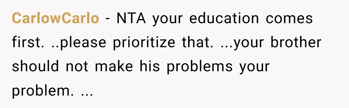 Should a Teenager Pay for Her Brother’s Childcare? This Dad Thinks So CarlowCarlo − NTA your education comes first. ..please prioritize that. ...your brother should not make his problems your problem. ...