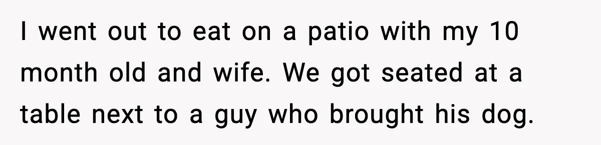 I went out to eat on a patio with my 10 month old and wife. We got seated at a table next to a guy who brought his dog.