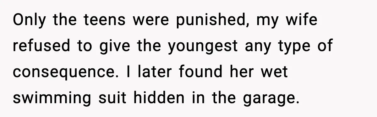 Only the teens were punished, my wife refused to give the youngest any type of consequence. I later found her wet swimming suit hidden in the garage.