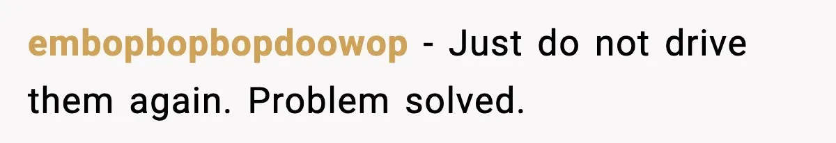 embopbopbopdoowop - Just do not drive them again. Problem solved.
