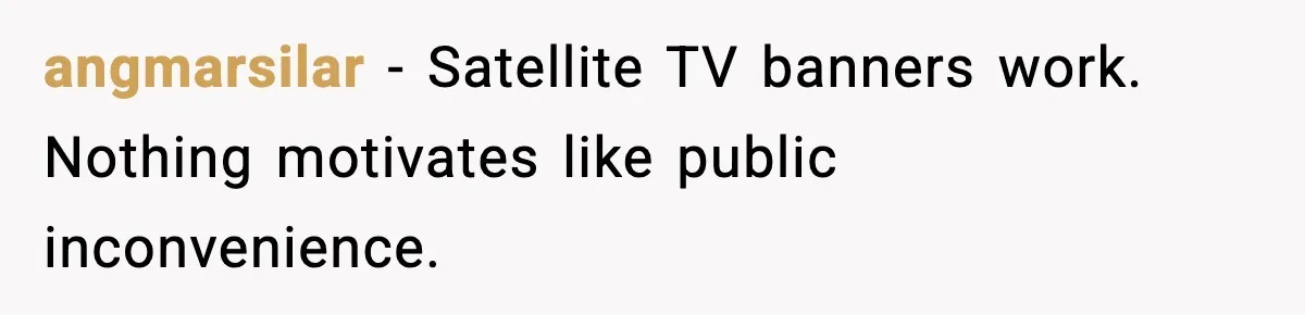 angmarsilar - Satellite TV banners work. Nothing motivates like public inconvenience.