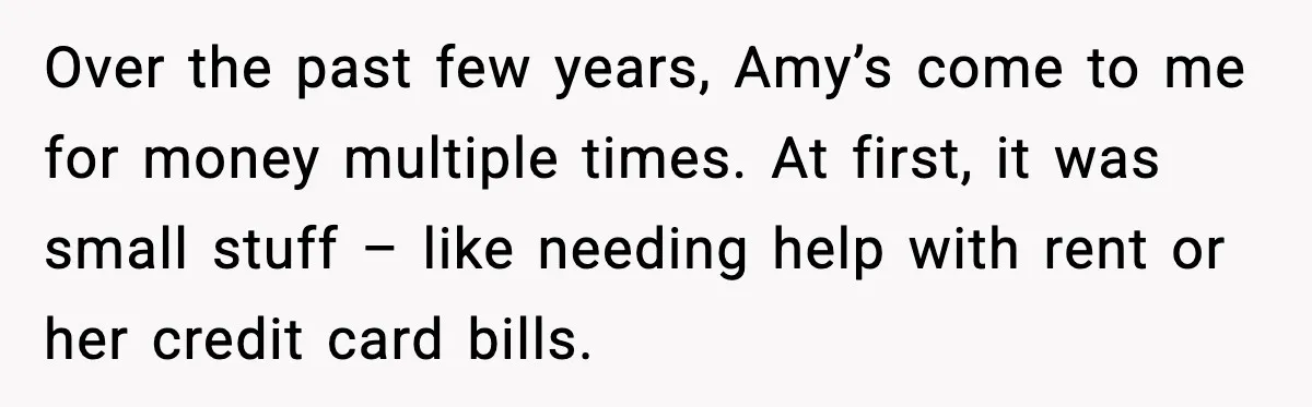 Over the past few years, Amy’s come to me for money multiple times. At first, it was small stuff – like needing help with rent or her credit card bills.