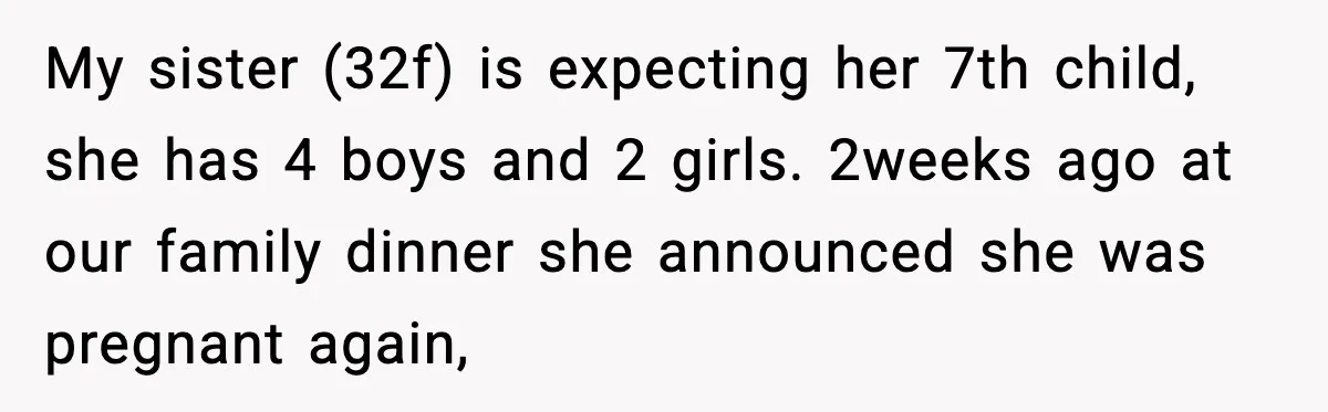 My sister (32f) is expecting her 7th child, she has 4 boys and 2 girls. 2weeks ago at our family dinner she announced she was pregnant again,