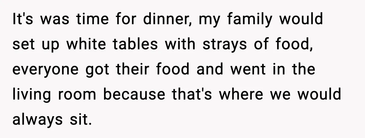It's was time for dinner, my family would set up white tables with strays of food, everyone got their food and went in the living room because that's where we...
