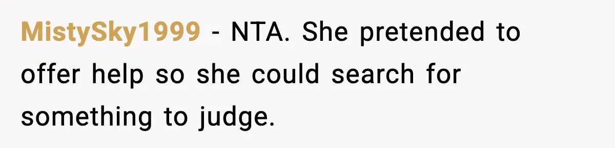 MistySky1999 - NTA. She pretended to offer help so she could search for something to judge.