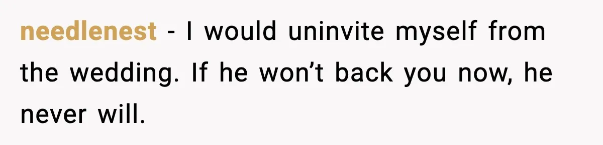 needlenest - I would uninvite myself from the wedding. If he won’t back you now, he never will.