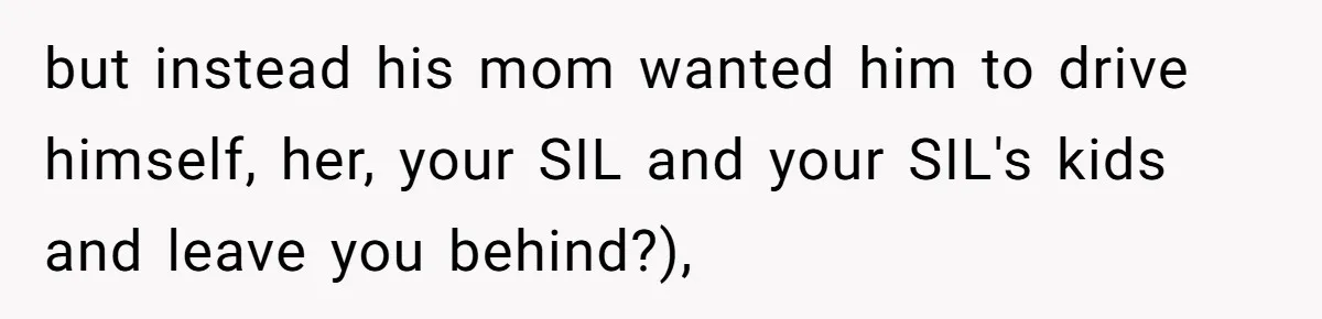 but instead his mom wanted him to drive himself, her, your SIL and your SIL's kids and leave you behind?),